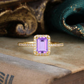 1 Carat Emerald Cut Classic Halo Amethyst Wedding Ring with Pave Band